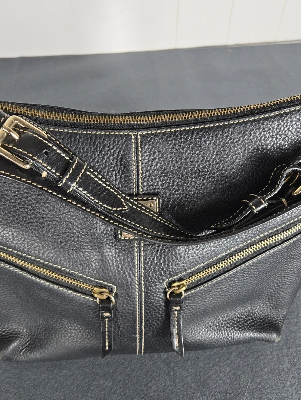 Dooney & Bourke Black Pebbled Leather Hobo with Gold Hardware Travel Plane